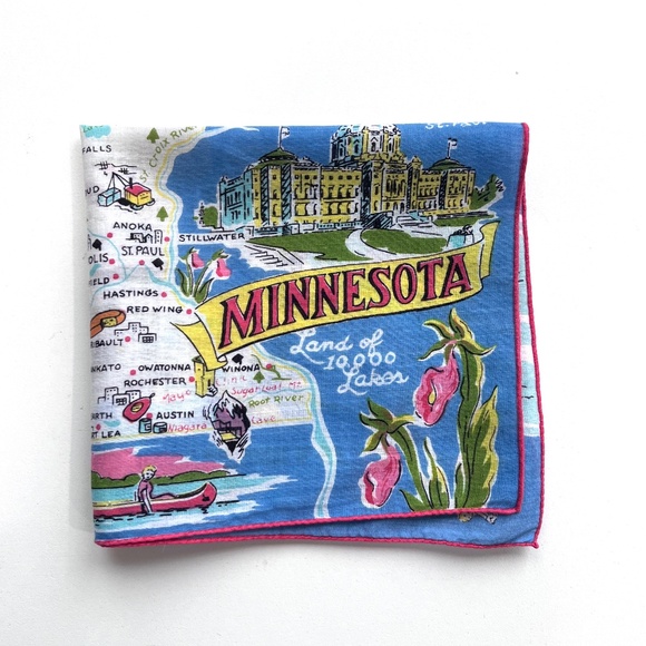 Vintage Minnesota State Map Handkerchief Hanky Pocket Square Rare